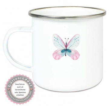 Preview: ♥ Tasse Emailletasse Becher, wer Schmetterlinge lachen hört... Dankeschön, Geburtstag, Muttertag, Vatertag, Abschied, Jubiläum, Geschenk, Becher von Lüttentüddel